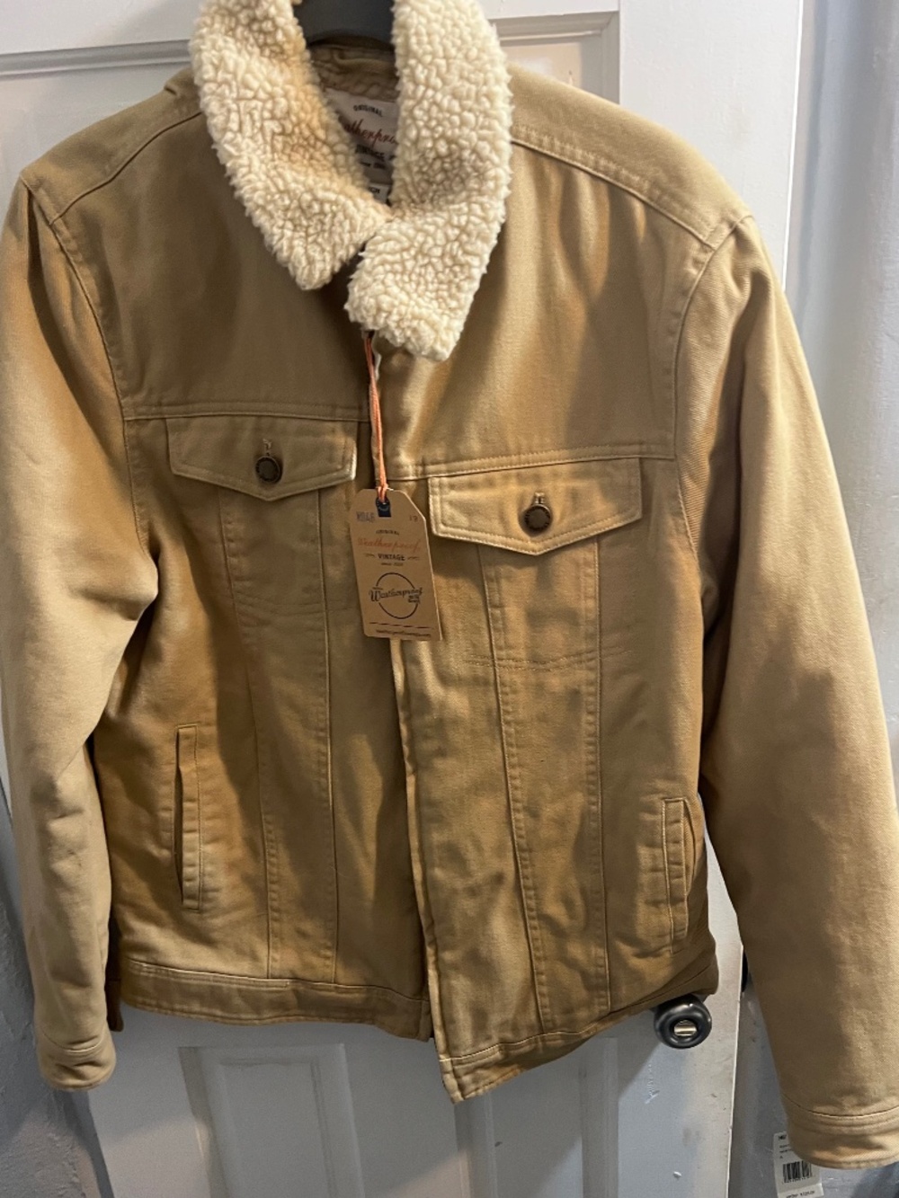 Weatherproof Vintage Men's Sherpa Lined Trucker Jacket, Beige Canvas, NWT